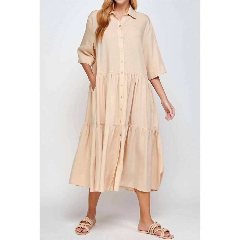 NEW AMENTE button front tiered dress in butter
